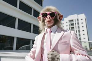 AI generated A Monkey is wearing sunglasses, suit and standing on street. AI Generated photo