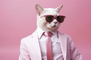 ai generado un gato es vistiendo Gafas de sol y traje en rosado antecedentes. ai generado foto