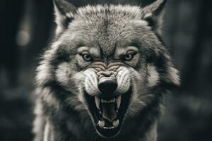 AI generated Greyscale closeup shot of an angry wolf with a blurred background. AI Generated photo