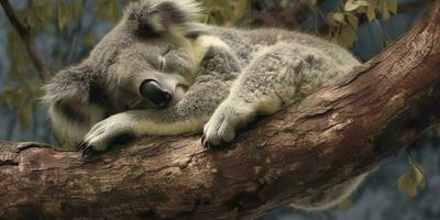 AI generated Koala asleep in tree. AI Generated photo