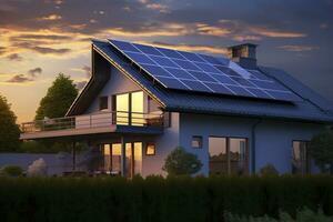 AI generated Modern house with blue solar panels on the roof. End of the day, sunset. AI Generated photo