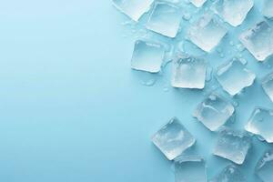 AI generated Cubes of ice and drops are isolated on the blue background with empty space. AI Generated photo