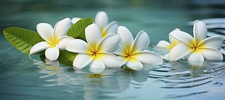 ai generado plumeria flores en verde hoja flotante en agua. un pacífico y sereno escena con un toque de naturaleza y belleza. ai generado foto