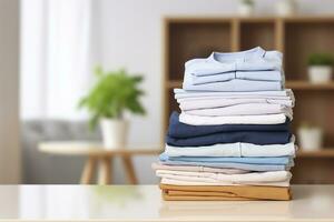 AI generated Stack of clean clothes on table in room. Generative AI photo