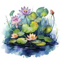 AI generated Water Lily in Pond. Watercolor design. AI Generated photo