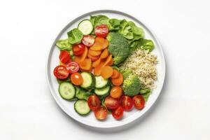 ai generado ensalada con quinua, espinaca, brócoli, Tomates, pepinos y zanahorias. ai generado foto