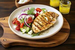 AI generated Seared chicken breast and Greek salad on a wooden table. Generative AI photo
