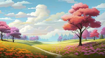 AI generated Spring season with colorful flowers and trees in a pretty meadow or field. AI Generated. photo