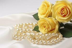 AI generated Yellow roses bouquet and pearls,in white background. AI Generated photo