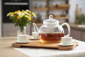 AI generated Wooden tray with teapot, cups of natural chamomile tea and flowers on table. Generative AI photo