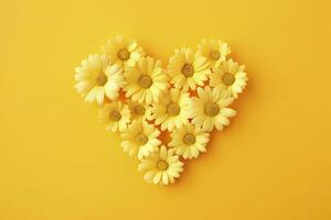 AI generated Yellow Heart Shaped By Yellow Daisies Over Yellow Background. AI Generated photo