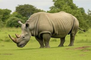 AI generated White Rhino grazing. AI Generated photo