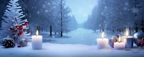 ai generado invierno bosque paisaje con ardiente velas Navidad decoración. ai generado foto