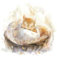 AI generated A sleepy baby squirrel in a bedding. watercolor illustration. AI Generated photo