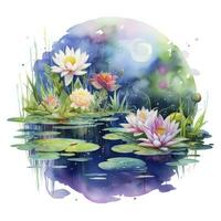 AI generated Floral Moon and Water Lilies on a white background. AI Generated photo