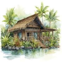 AI generated A watercolored bright serene image of a traditional bahay kubo. AI Generated photo