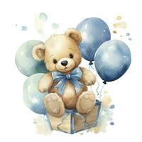 AI generated A watercolor baby teddy bear is sitting in the basket with blue and gold balloons. AI Generated photo