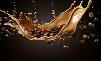 AI generated hot liquid coffee splash with Coffee Bean falling, 3d illustration. AI Generated photo