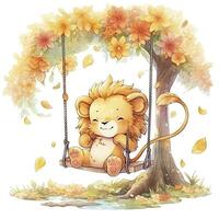 AI generated Cute and happy baby lion on swings on the tree in watercolor style. AI Generated photo