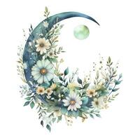 AI generated Watercolor floral Moon with greenery on a white background. AI Generated photo