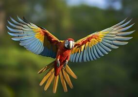 AI generated Flying macaw, beautiful bird. Generative AI photo