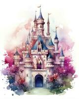 AI generated Colorful watercolor kawaii castle isolated on white background. AI Generated photo