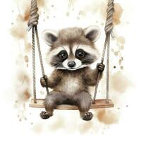 AI generated Cute baby raccoon in watercolour style, sitting on swings attached to the tree. AI Generated photo