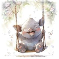 AI generated Cute happy baby rhino on swings in the tree in watercolor style. AI Generated photo