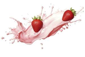 AI generated milk or yogurt splash with strawberries isolated on white background, 3d rendering. AI Generated photo