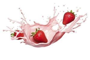 AI generated milk or yogurt splash with strawberries isolated on white background, 3d rendering. AI Generated photo