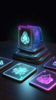 AI generated Some playing cards with glowing neon designs on a tablet. Generative AI photo