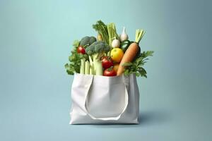 AI generated Grocery full bag. white shopping bag with vegetables in light blue background. Generative AI photo