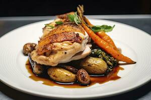 AI generated Plated chicken roast dinner on a white plate with carrot and morel mushroom. AI Generated. photo