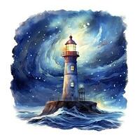 AI generated Lighthouse beside the sea at Night. watercolor for T-shirt design. AI Generated photo