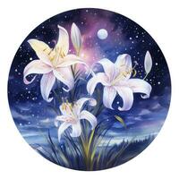 AI generated Watercolor fairy lilies blooming under a starry night sky on a white background. AI Generated photo