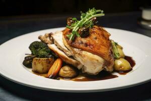 AI generated Plated chicken roast dinner on a white plate with carrot and morel mushroom. AI Generated. photo