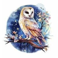 AI generated Watercolor magical owl sitting on a tree branch for T-shirt Design. AI Generated photo