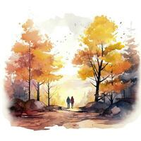 AI generated Watercolor autumn landscape with a couple walking. AI Generated photo