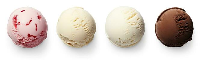 AI generated Set of four various ice cream balls or scoops isolated on white background. AI Generated photo