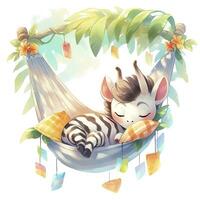 AI generated A sleepy baby zebra in a hammock. watercolor illustrations. AI Generated photo