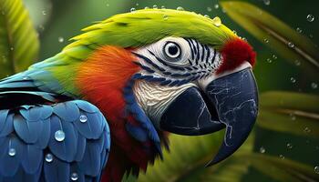 AI generated Tropical macaw perched, vibrant feathers in focus. Generative AI photo