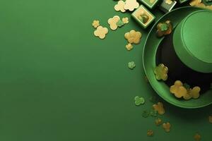 AI generated St Patrick's Day concept. leprechaun headwear gift boxes pot with gold coins. AI Generated photo