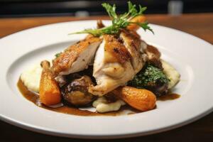 AI generated Plated chicken roast dinner on a white plate with carrot and morel mushroom. AI Generated. photo