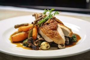 AI generated Plated chicken roast dinner on a white plate with carrot and morel mushroom. AI Generated. photo