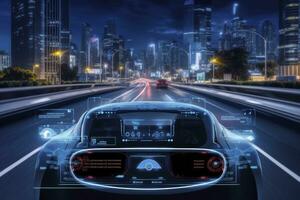 AI generated Modern smart car technology intelligent system using Heads up display HUD Autonomous self driving mode vehicle on city road with graphic sensor radar signal system intelligent car. photo