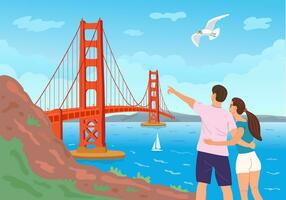 Golden Gate Bridge across the strait. San Francisco. The guy and the girl look at him. Vector illustration