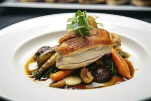 AI generated Plated chicken roast dinner on a white plate with carrot and morel mushroom. AI Generated. photo