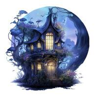 AI generated Moonlight dark themed night elf fairytale fantasy fairy house. AI Generated photo