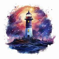 AI generated Lighthouse beside the sea at Night. watercolor for T-shirt design. AI Generated photo