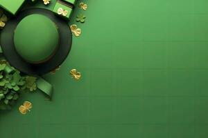 AI generated St Patrick's Day concept. leprechaun headwear gift boxes pot with gold coins. AI Generated photo